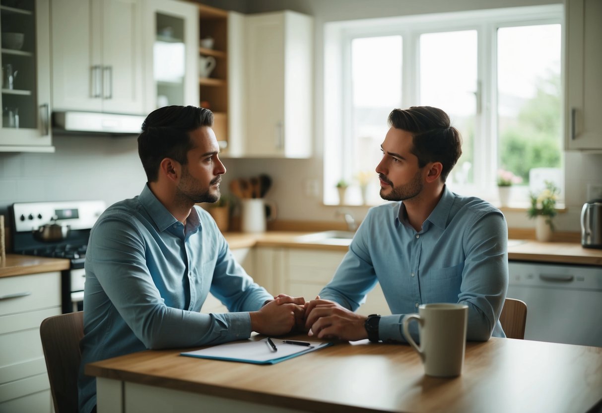 A couple sitting at a kitchen table, discussing wedding plans and financial contributions. They are holding hands and looking at each other with concern
