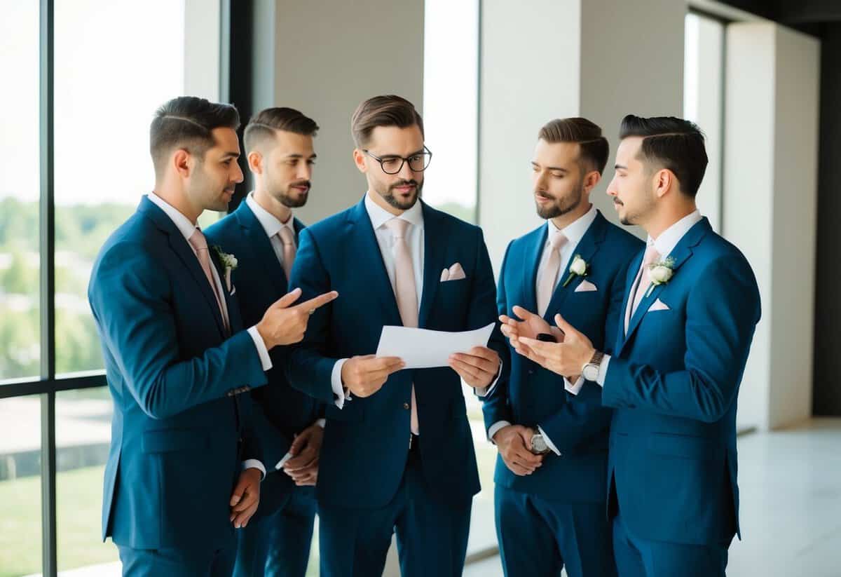 Groomsmen discussing and making financial plans, including suits, travel, and gifts for the wedding