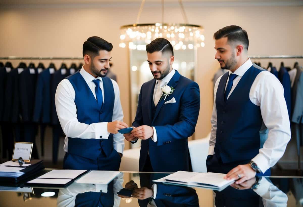 Groomsmen discussing and paying for wedding attire at a formal menswear shop