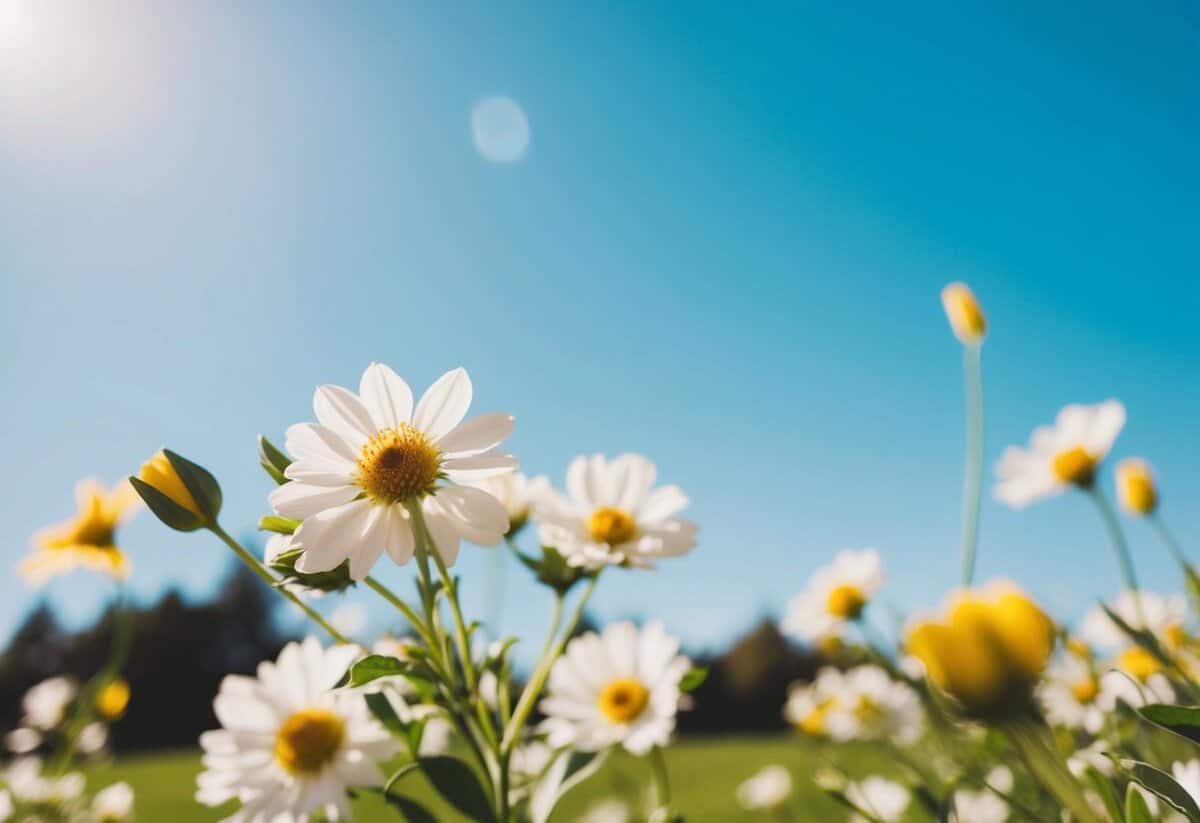 A sunny outdoor setting with blooming flowers and a clear blue sky, indicating a spring or summer wedding season