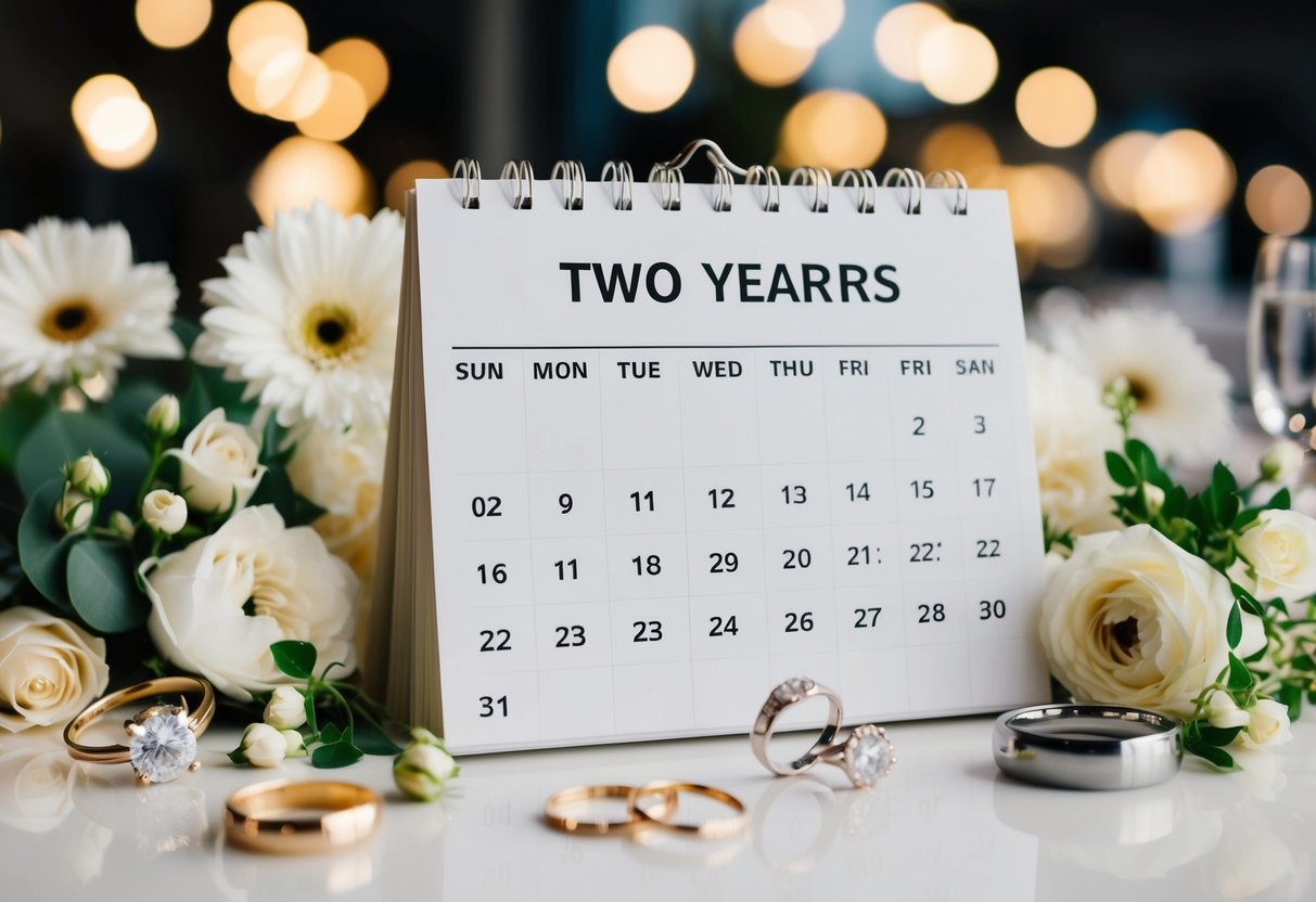A calendar with the date two years in the future circled, surrounded by wedding-related items such as rings, flowers, and a venue
