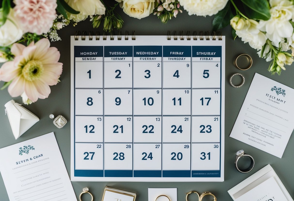 A calendar with wedding planning milestones marked, surrounded by various wedding-related items such as flowers, rings, and invitations