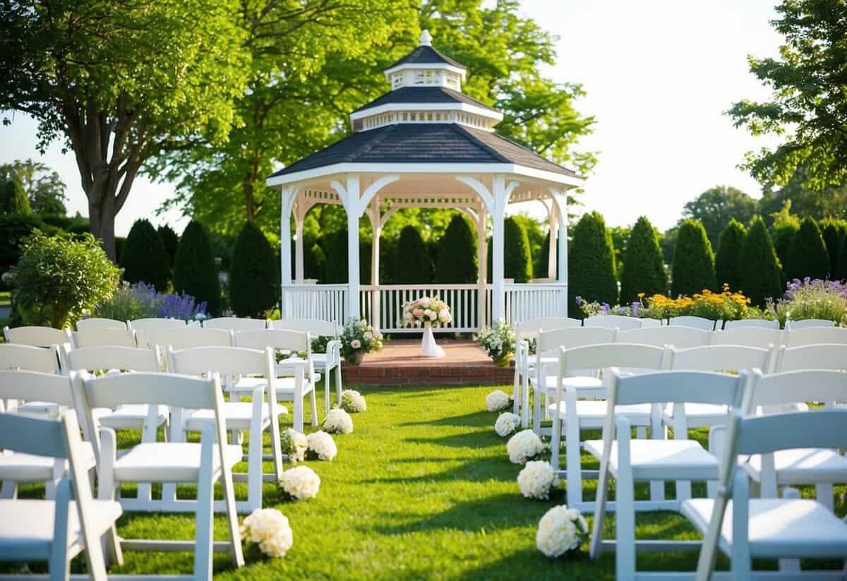 A sunny, flower-filled garden in June, with a white gazebo and rows of chairs facing a romantic outdoor wedding ceremony