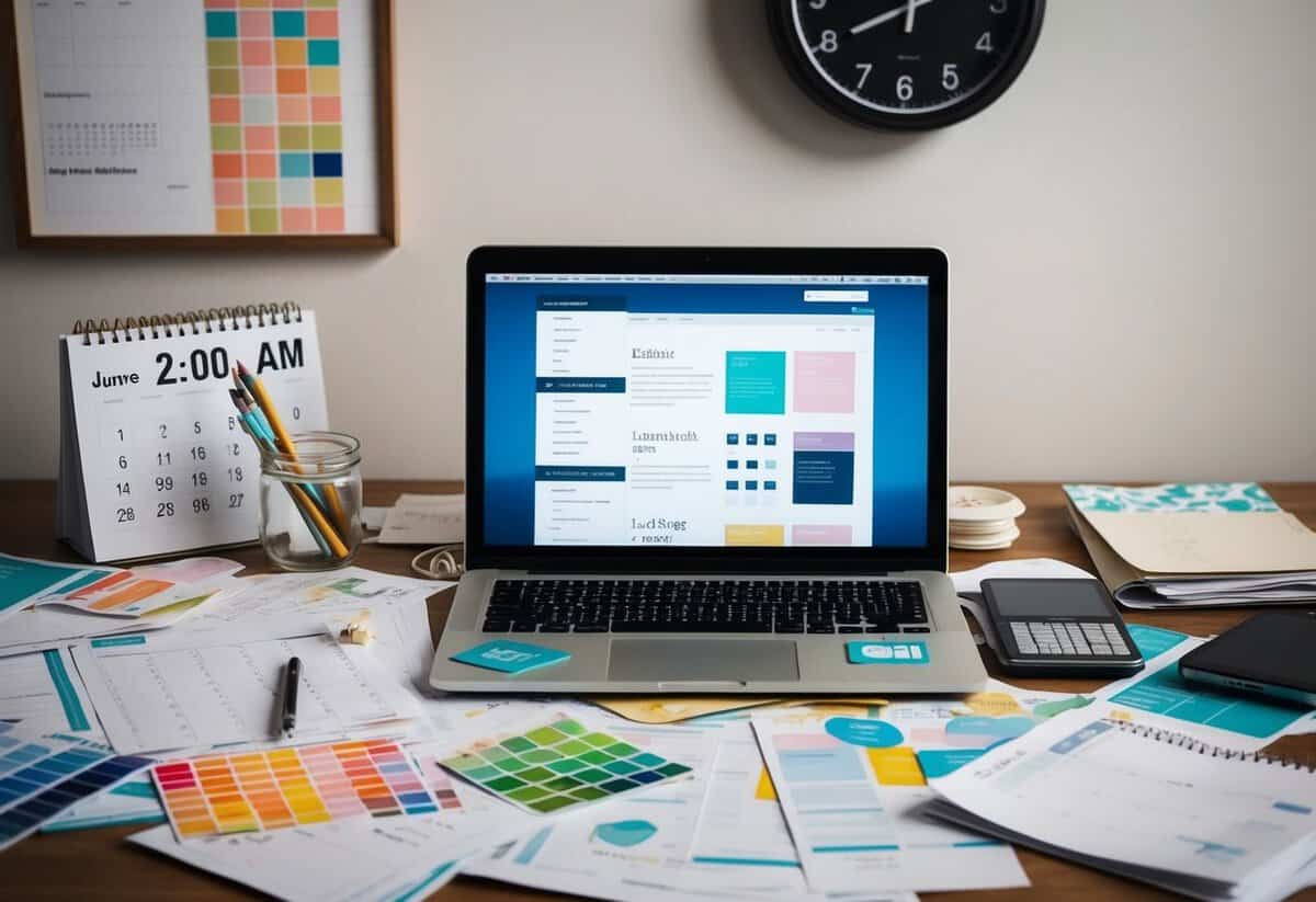 A cluttered desk with scattered papers, swatches, and a calendar. A laptop open to a wedding planning website. A clock on the wall reads 2:00 am