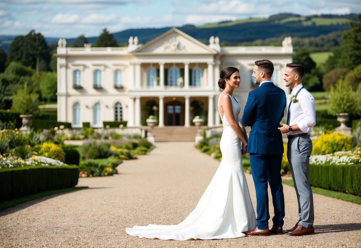 A couple stands in front of a grand, elegant venue, discussing wedding plans with a representative. The venue is surrounded by lush gardens and a picturesque landscape