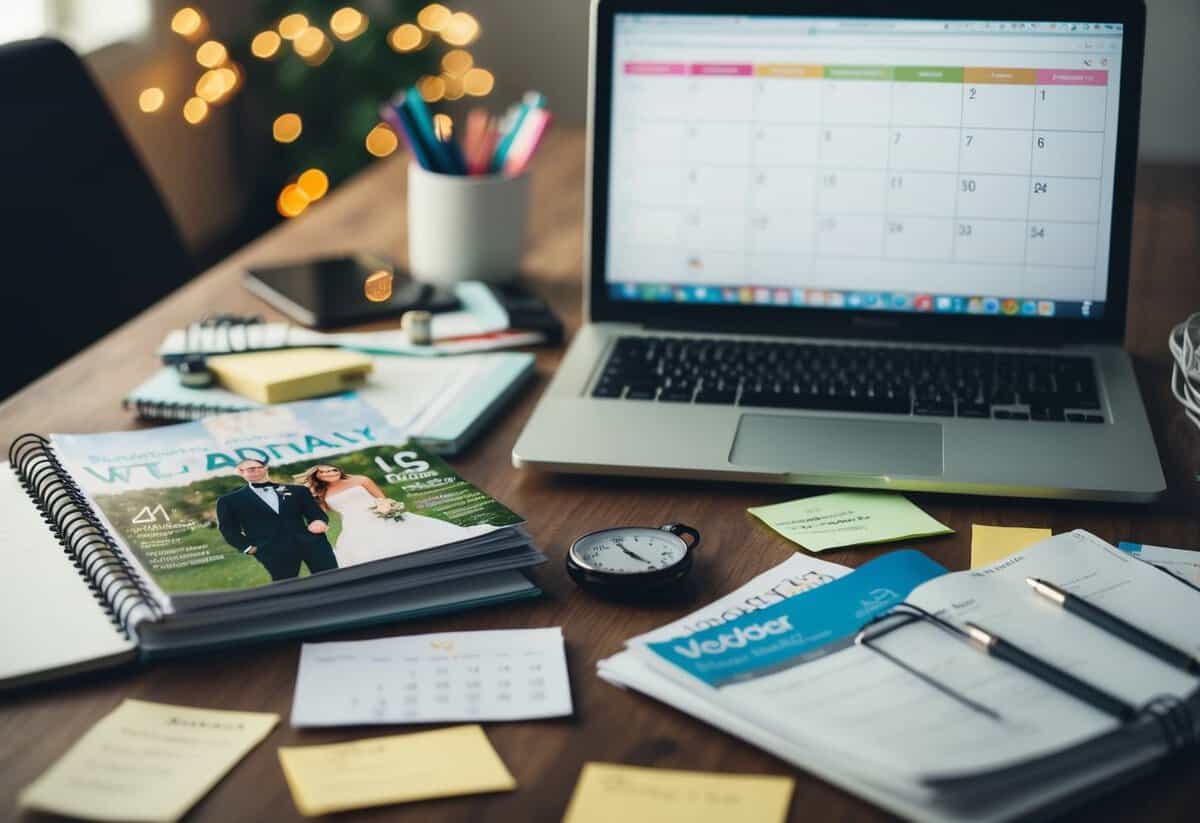 A cluttered desk with a calendar, wedding magazines, and a laptop surrounded by scattered notes and a stopwatch