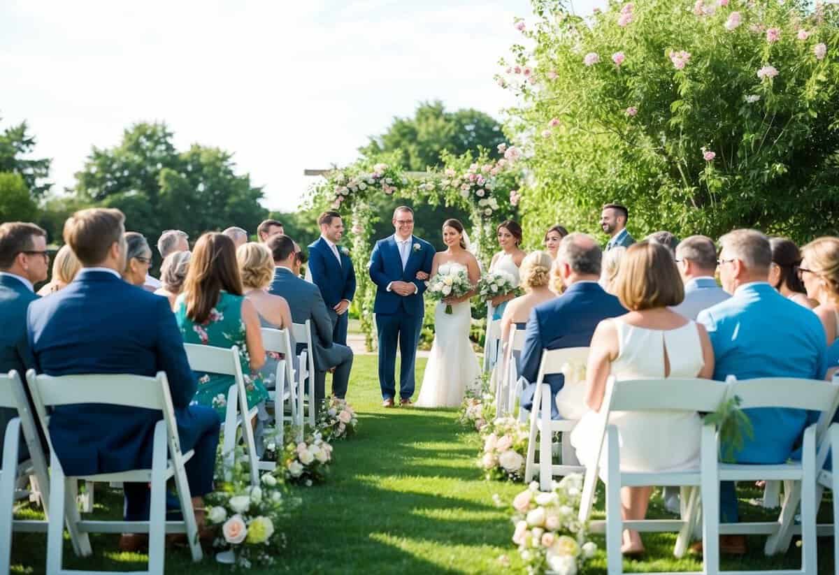 A sunny outdoor wedding ceremony in June, with guests seated on white folding chairs, surrounded by blooming flowers and greenery