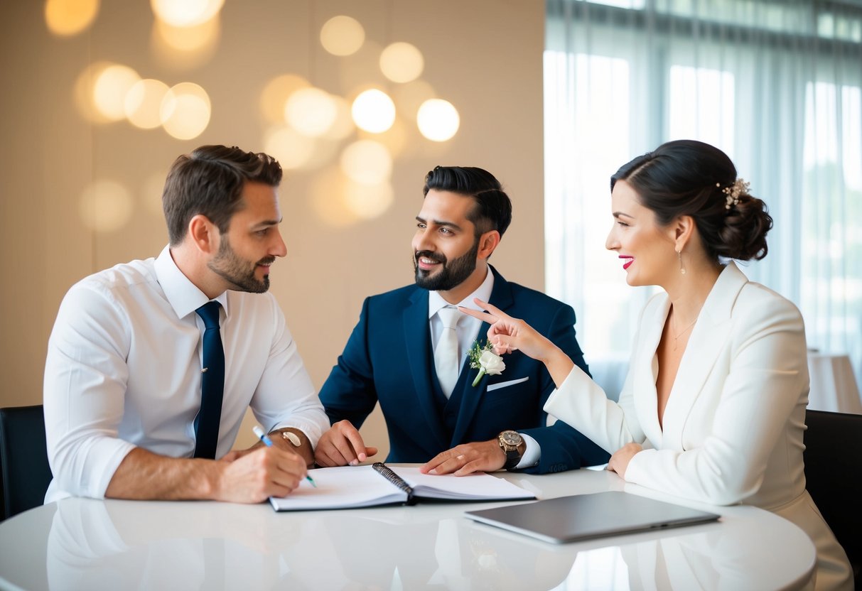A couple sits at a table with a wedding planner, discussing details and dates for their upcoming wedding. The planner gestures towards a calendar and takes notes