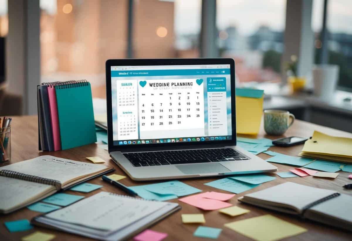 A cluttered desk with a calendar, notebook, and pen. A laptop open to a wedding planning website, surrounded by scattered papers and sticky notes
