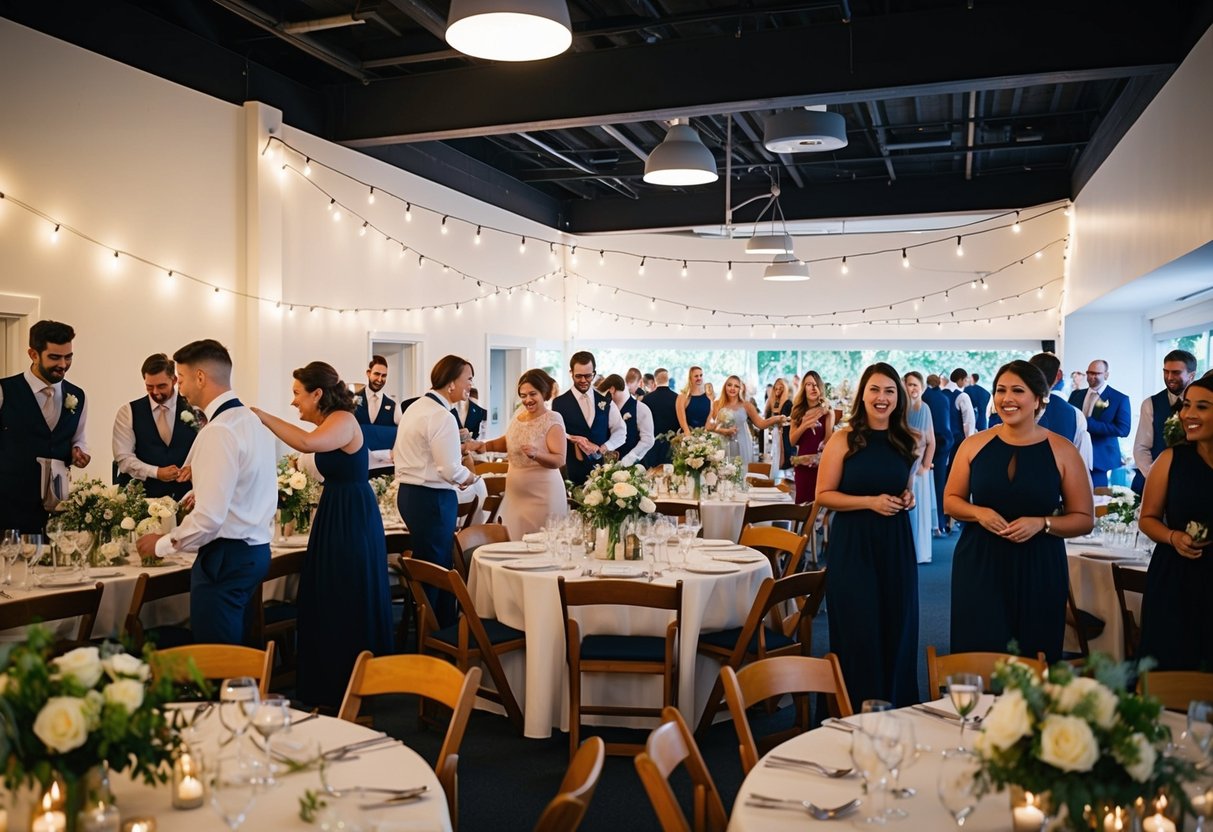 A bustling wedding venue, with staff setting up tables, arranging flowers, and hanging fairy lights. Guests arriving, eager and excited