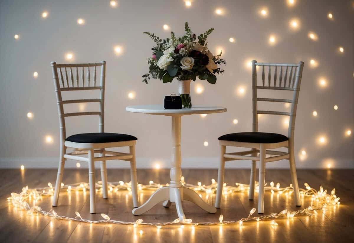 A small table with two chairs, surrounded by twinkling lights and a bouquet of flowers. A ring box sits in the center