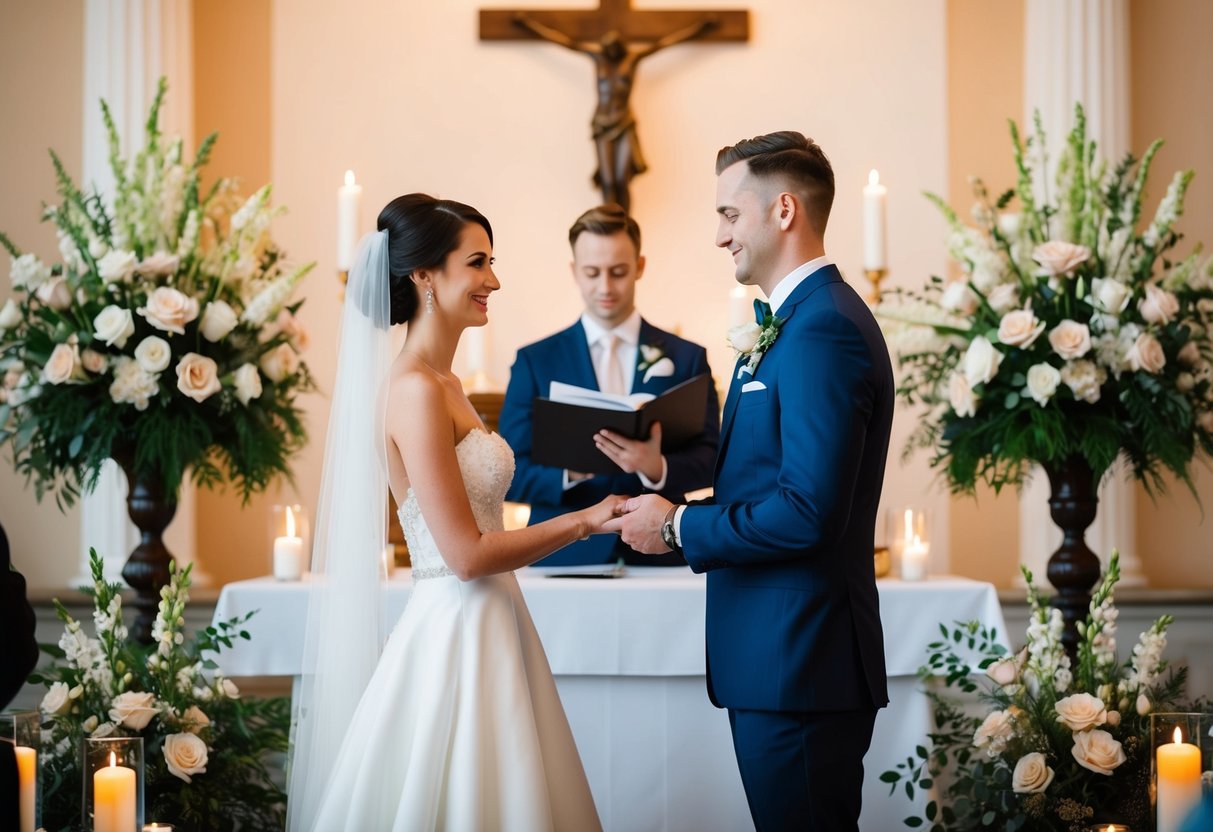 A bride and groom stand at the altar exchanging vows, surrounded by flowers, candles, and elegant wedding attire
