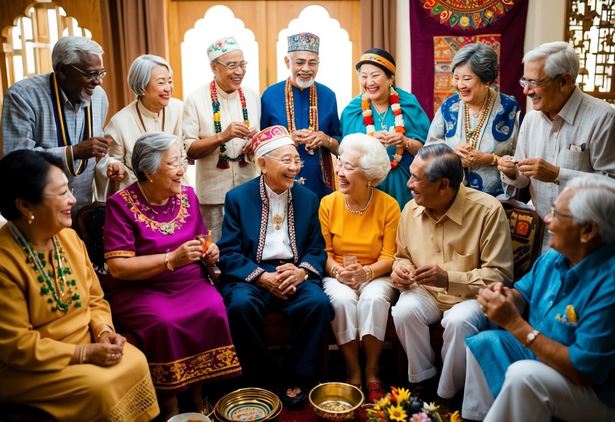 A diverse group of elderly couples from various cultures sitting together, sharing stories and laughter, surrounded by symbols of their respective traditions and customs