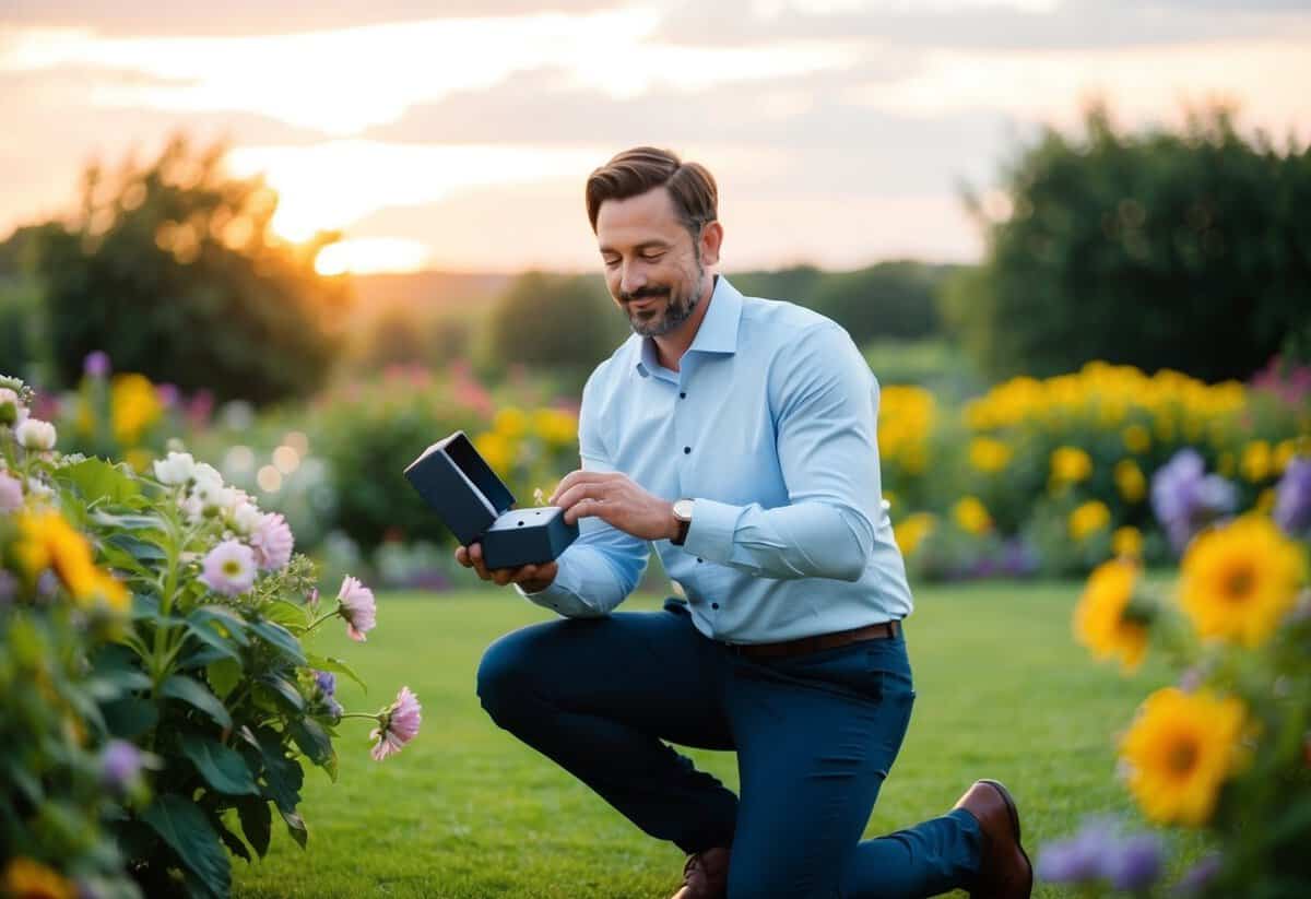 A man kneeling in a garden with a ring box open, surrounded by flowers and a sunset in the background