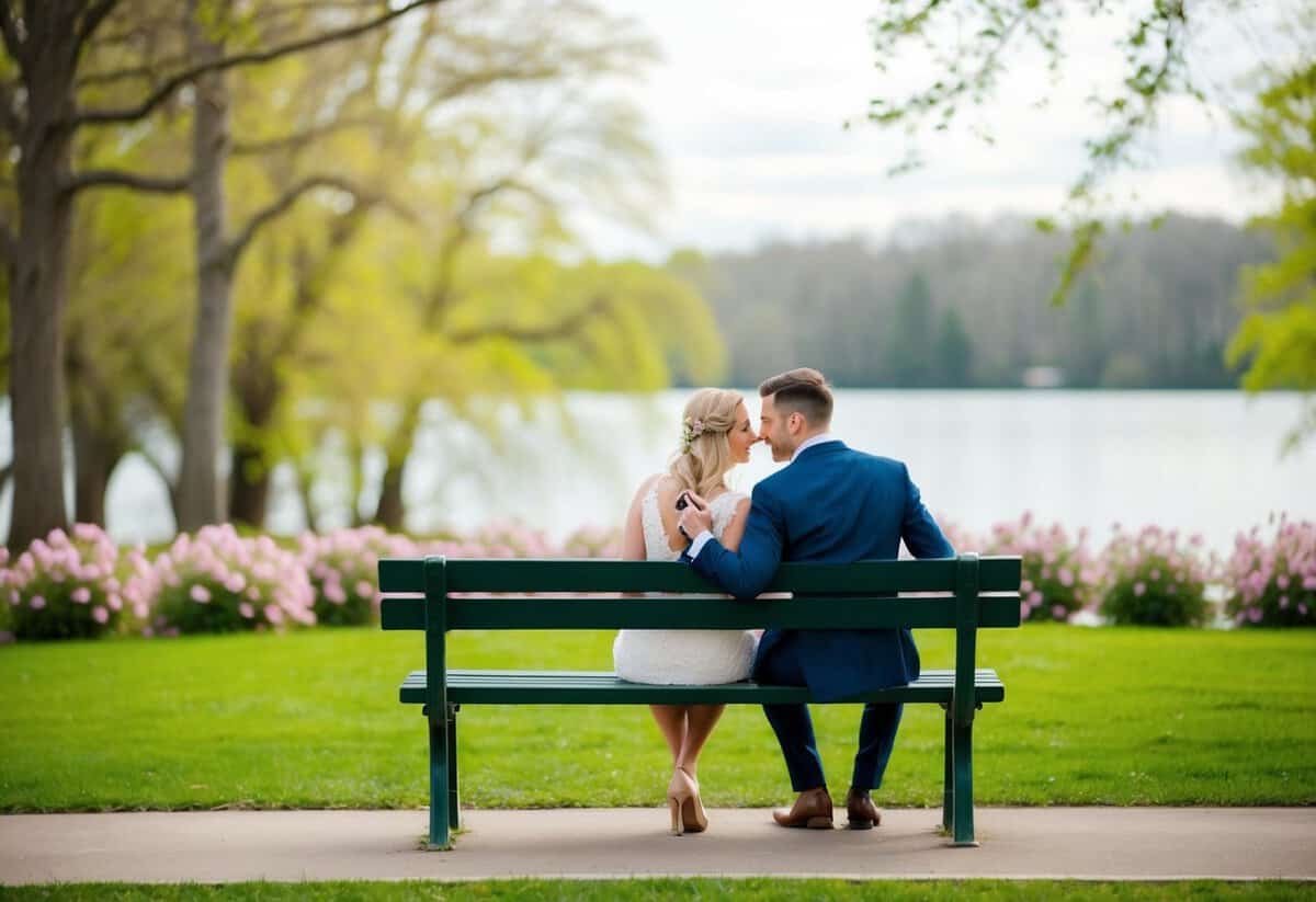 A couple sitting on a park bench, surrounded by blooming flowers and a serene lake, with the man nervously holding a ring box