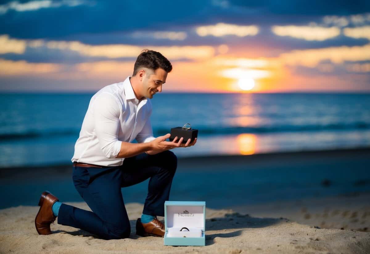 A man kneeling with a ring box open in his hand. A sunset and a beach in the background