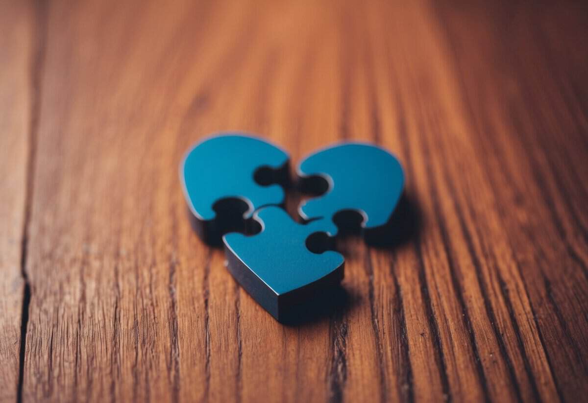 A broken heart-shaped puzzle with missing pieces