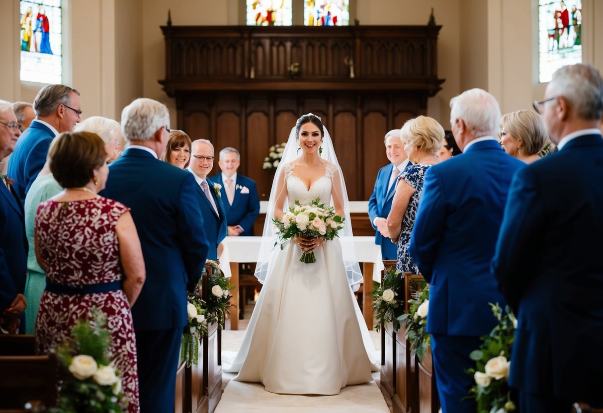 A bride stands at the altar, surrounded by guests of varying ages