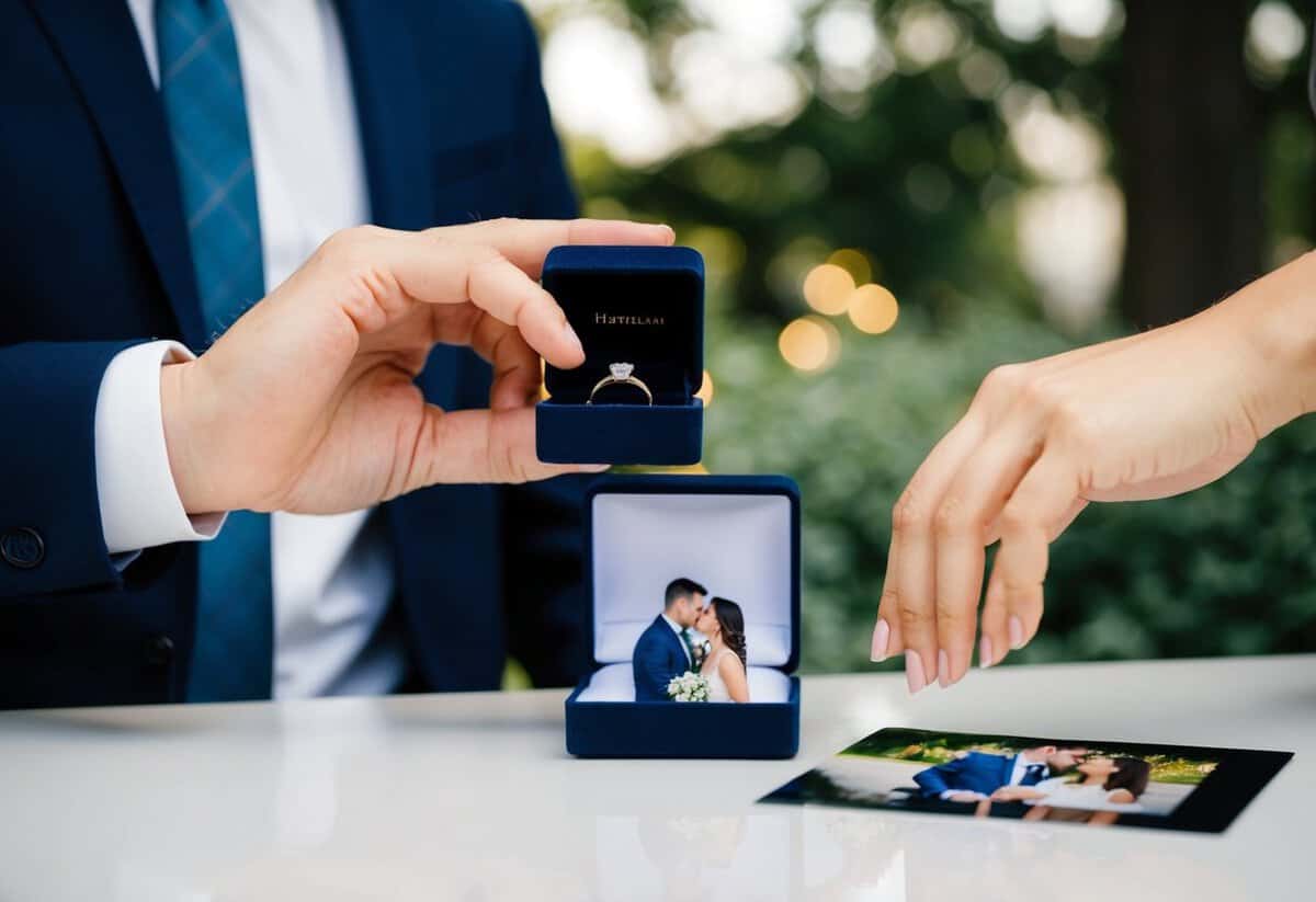 A man's hand holding a ring box, with a woman's hand reaching out to touch it. A picture of the couple together sits nearby