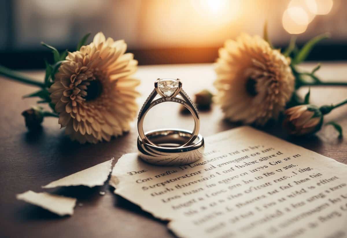 A shattered engagement ring lies on a table, surrounded by wilted flowers and a torn love letter
