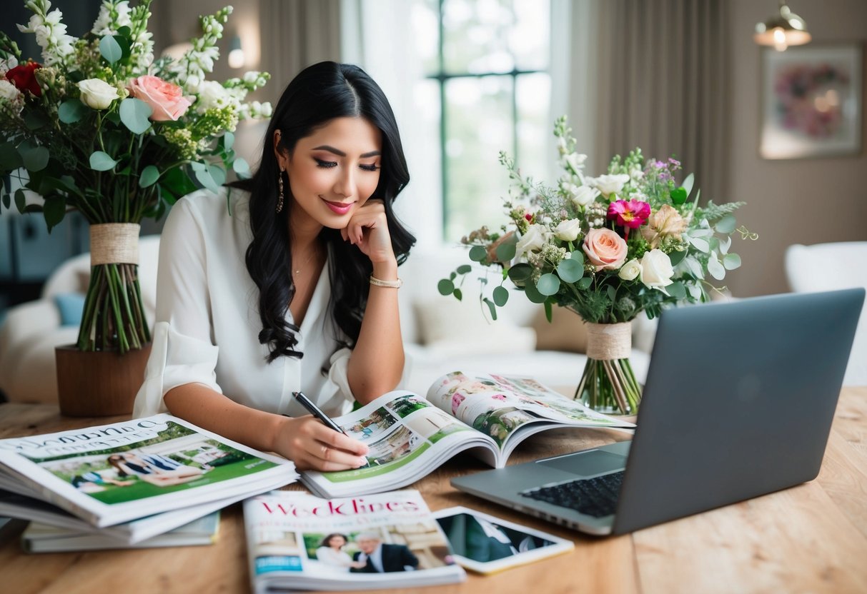 A young woman surrounded by wedding magazines and a laptop, researching venues and floral arrangements