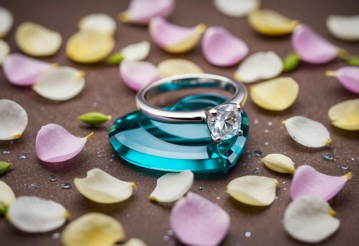 A broken engagement ring surrounded by scattered petals and a shattered glass heart