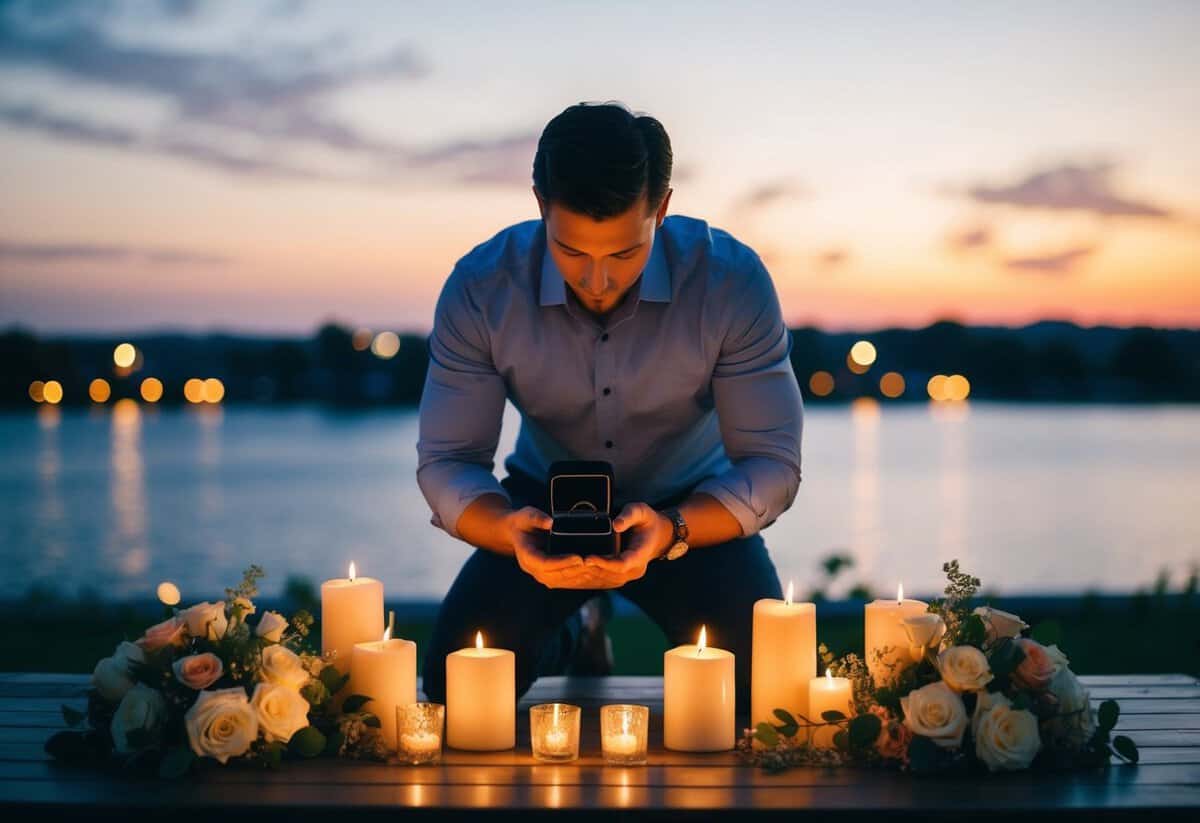 A man kneeling with a ring box open, surrounded by candles and flowers on a romantic evening