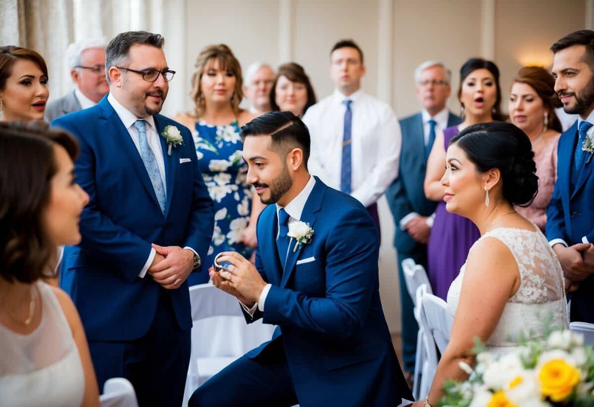 A man kneels with a ring at a wedding. Guests look surprised