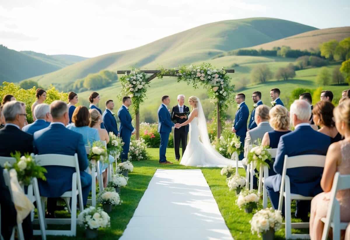 A serene outdoor wedding ceremony with a picturesque backdrop of rolling hills and a blooming garden