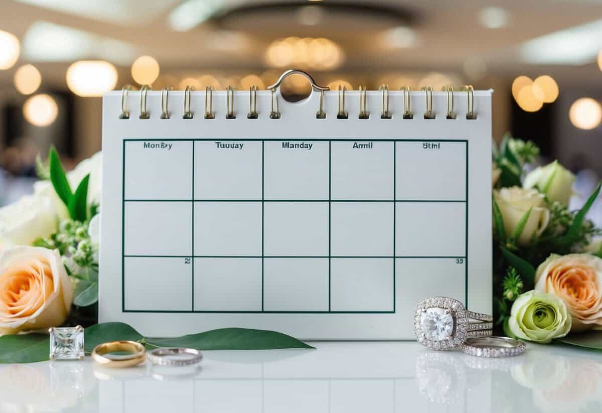 A calendar with six months highlighted, surrounded by wedding-related items like rings, flowers, and a venue