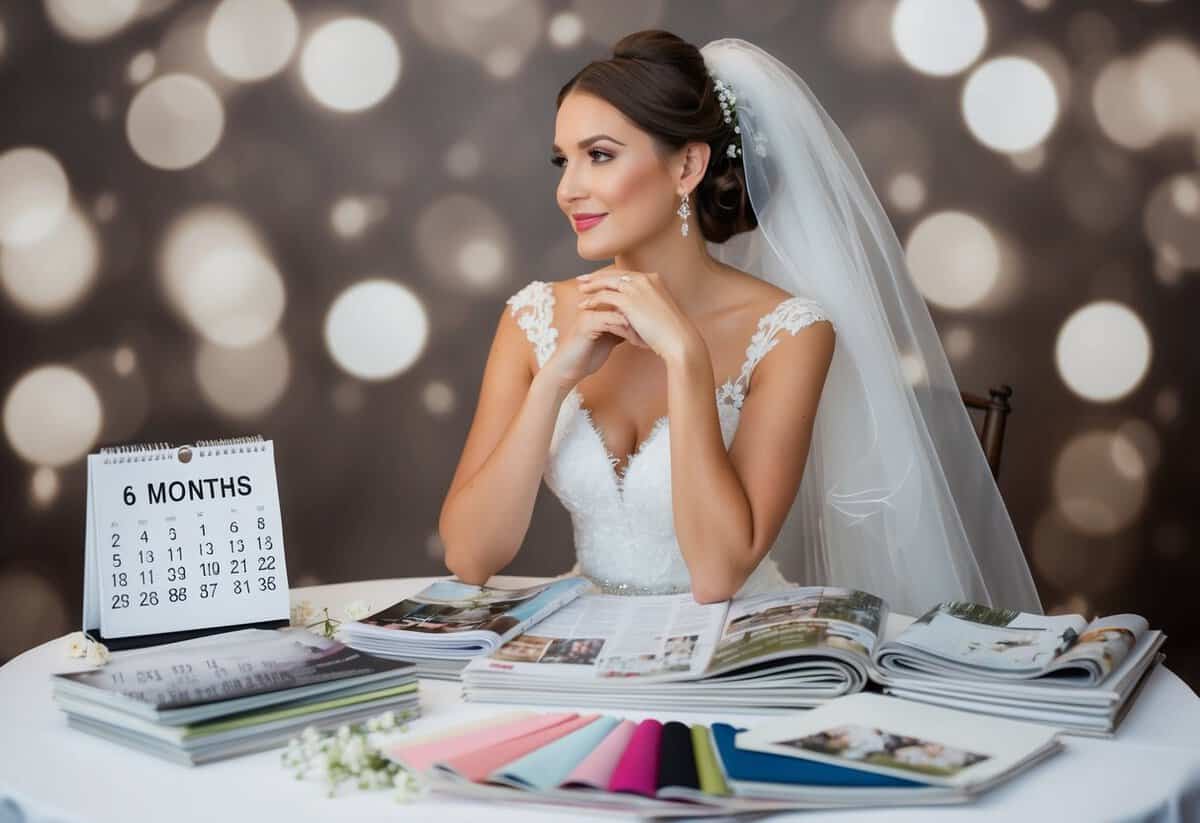 A bride sits surrounded by wedding magazines and fabric swatches, pondering her choices with a calendar showing 6 months until the big day