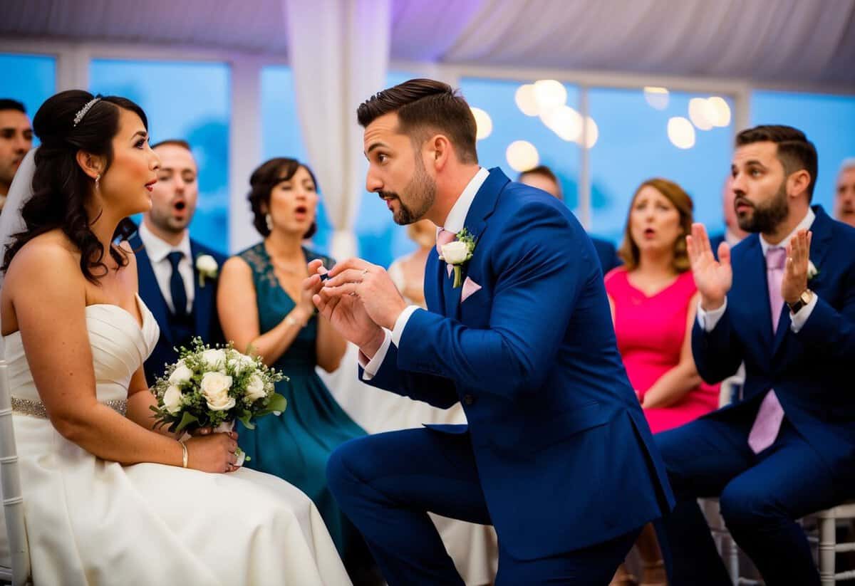 A man kneels with a ring at a wedding, while guests look on in surprise and disapproval