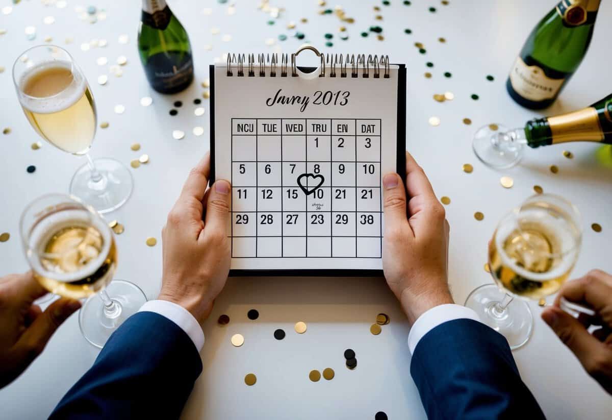 A couple's hands holding a calendar with a wedding date circled, surrounded by champagne glasses and confetti
