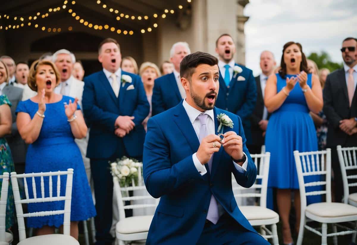 A man kneels with a ring at a wedding, as guests look on in shock and disapproval