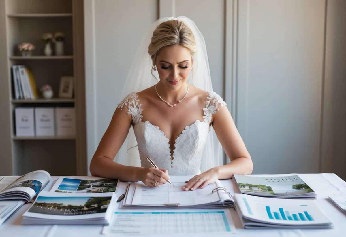 A bride sits at a table covered in wedding magazines and spreadsheets, carefully planning her own wedding