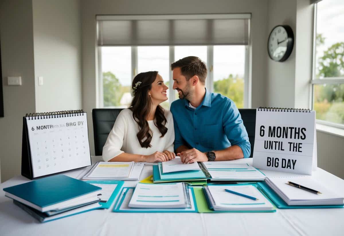 A couple sits at a table covered in wedding planning books and spreadsheets, surrounded by a calendar and clock showing 6 months until the big day
