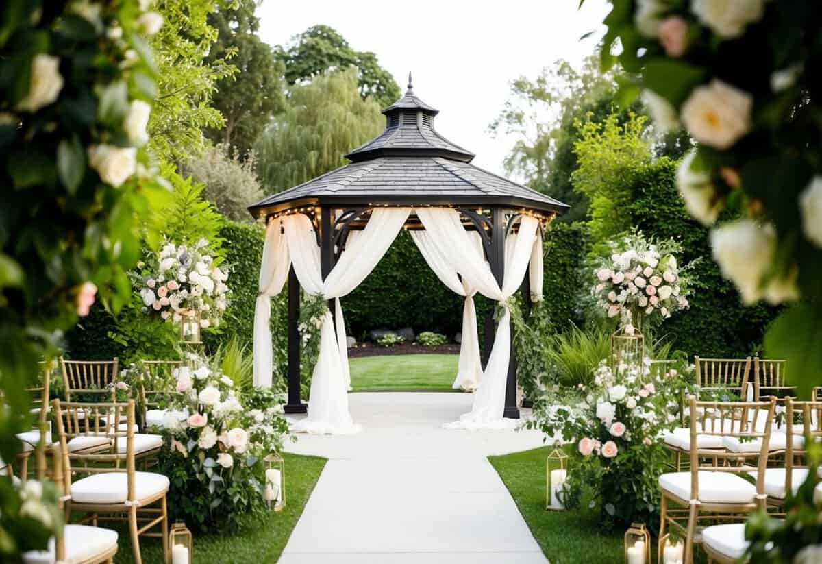 A picturesque outdoor wedding venue with lush greenery, blooming flowers, and elegant decor. A gazebo or arch adorned with flowing fabric and twinkling lights serves as the focal point for the ceremony