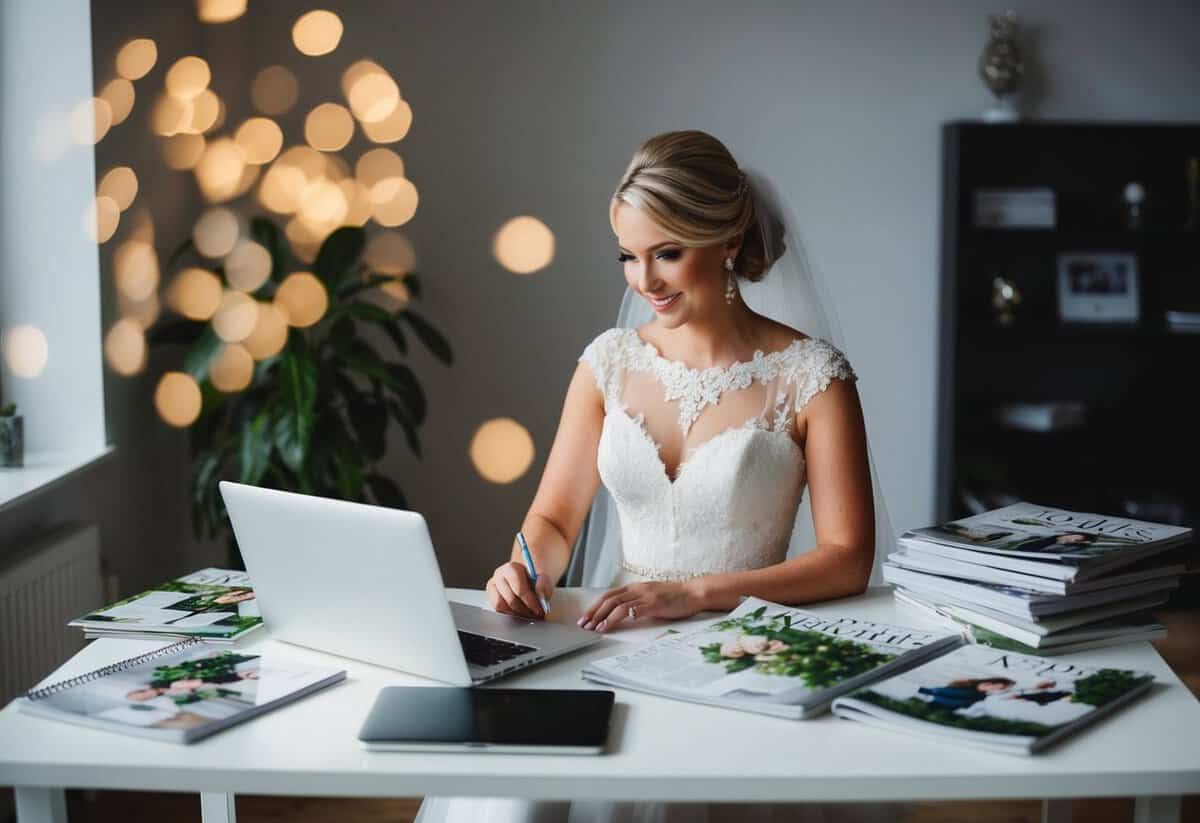 A bride sits at a desk surrounded by wedding magazines, a laptop, and a notebook, carefully planning her wedding team