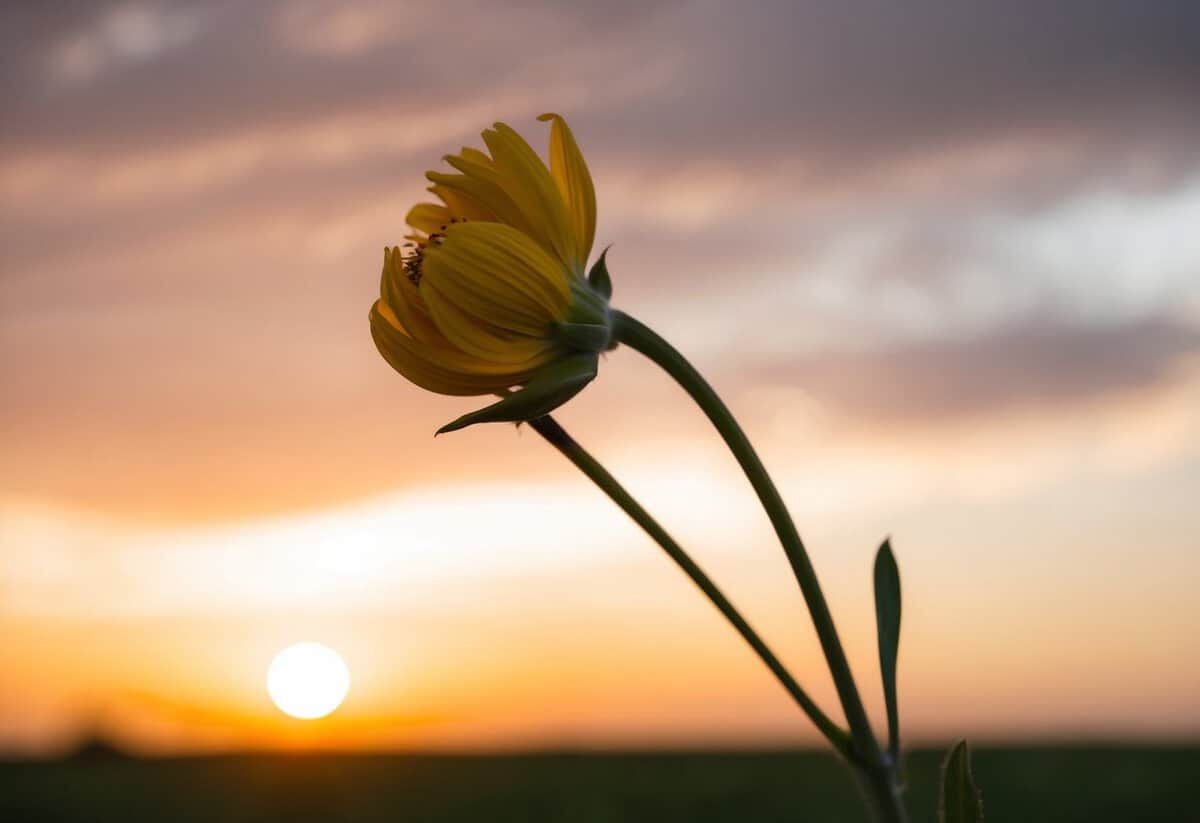 A wilting flower next to a fading sunset, symbolizing the end of a romantic phase