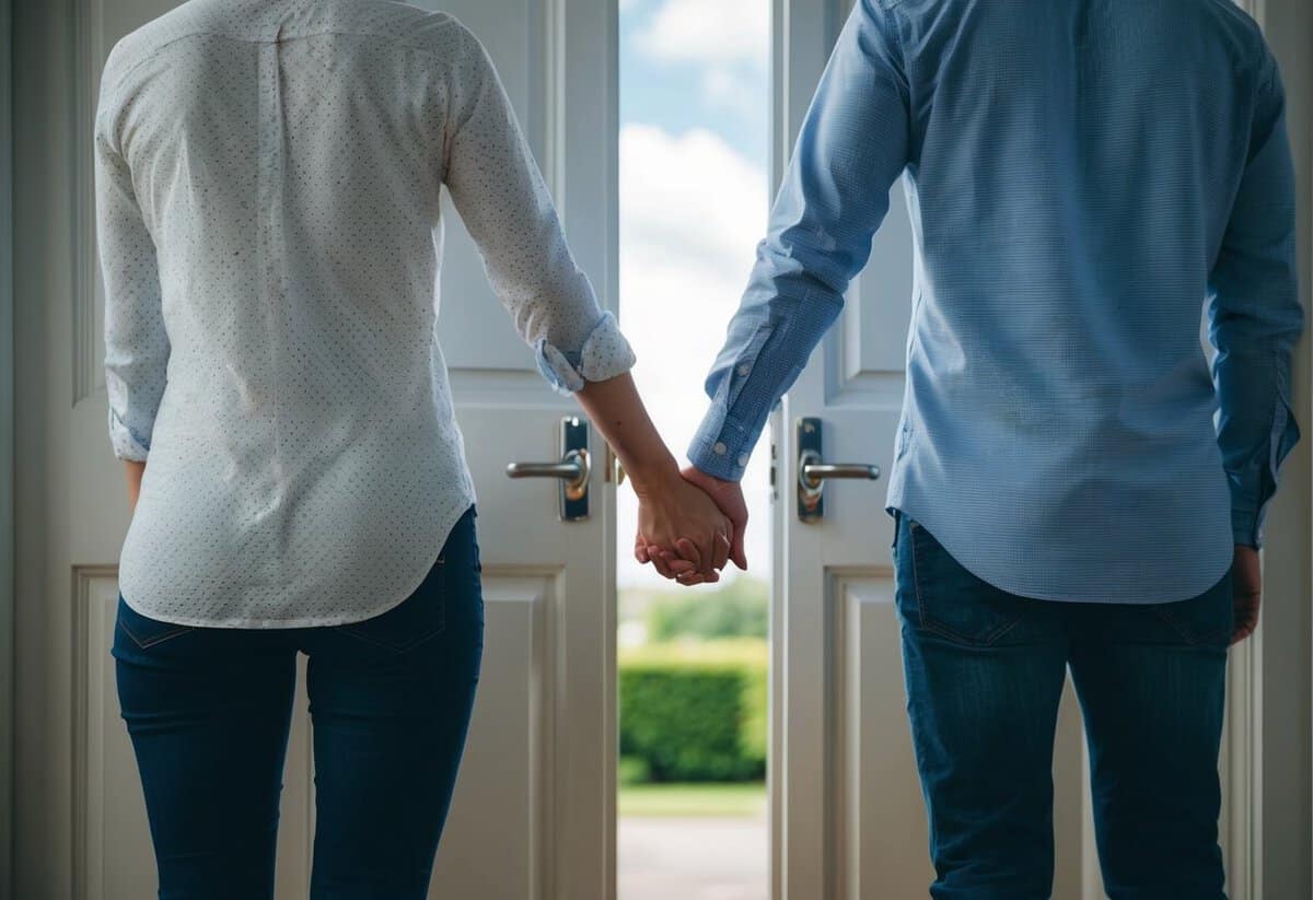 A couple stands back to back, separated by a door, holding hands but unable to see each other