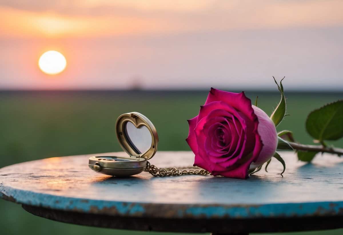 A wilting rose next to a fading sunset, with a heart-shaped locket lying open on a weathered table
