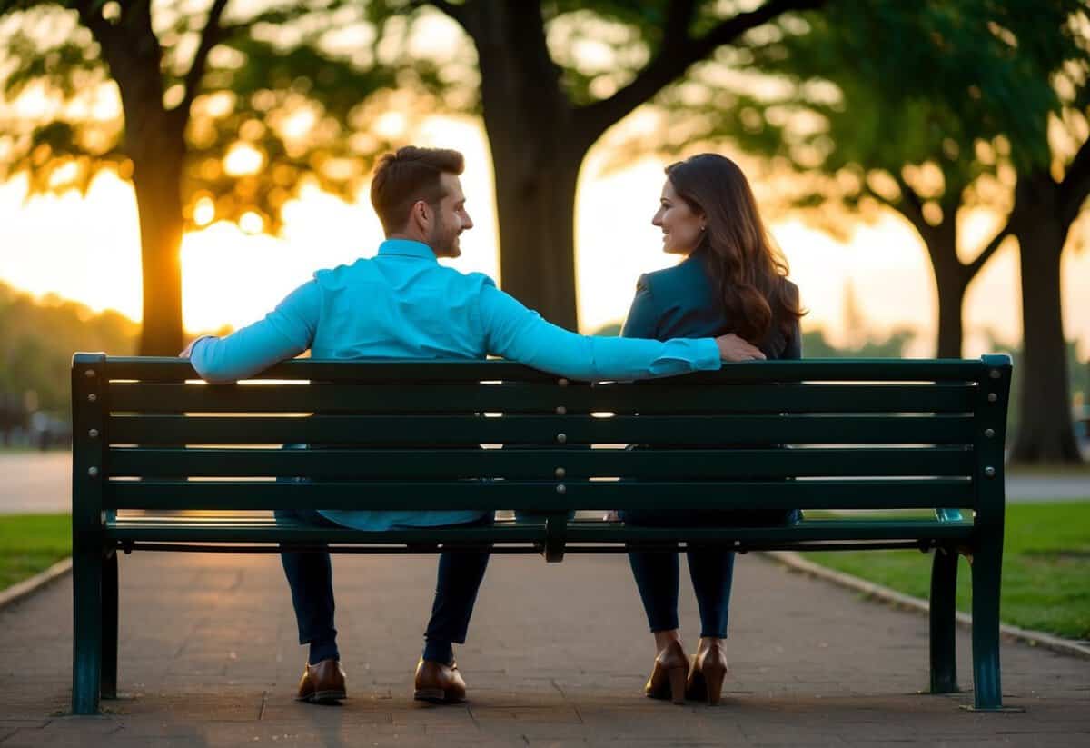 A couple sitting on opposite ends of a park bench, looking away from each other with a noticeable distance between them. The setting sun casts a warm glow on the surrounding trees