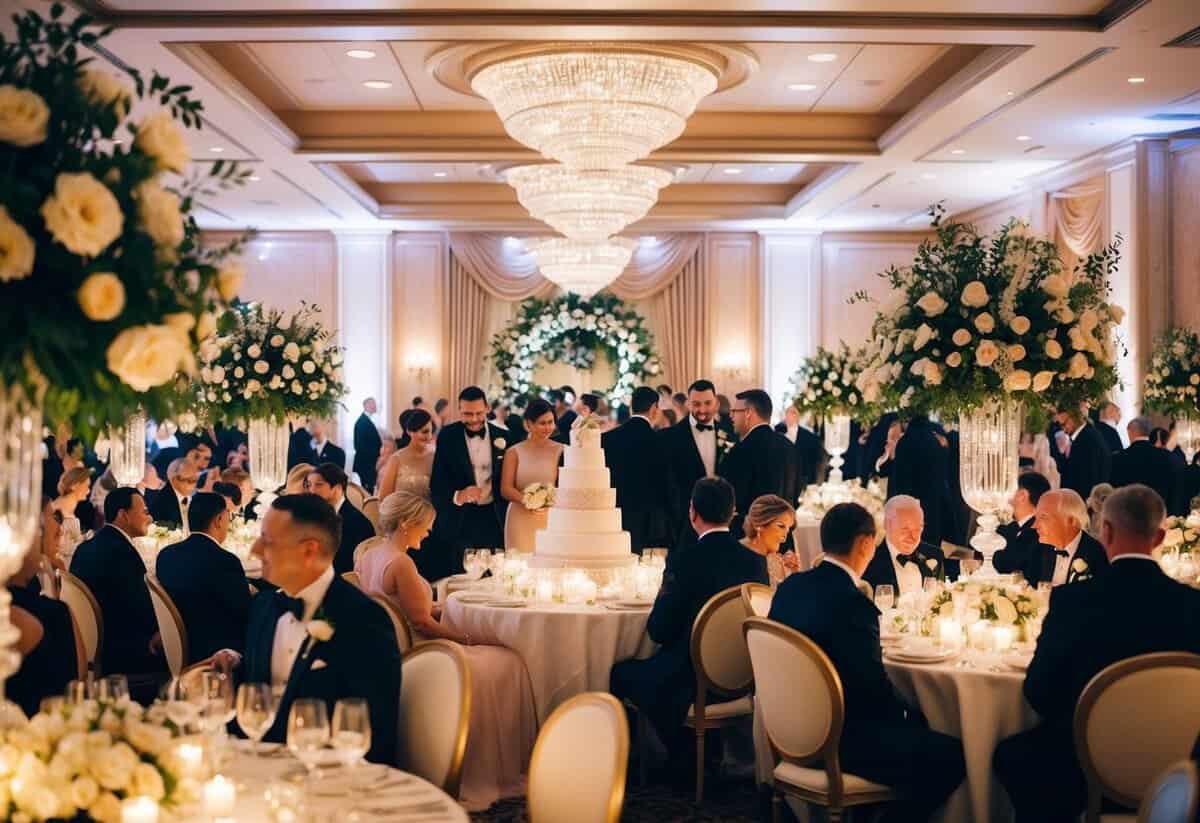 A lavish wedding banquet with elegant decorations and a grand cake. Guests mingle in a luxurious venue filled with flowers and twinkling lights