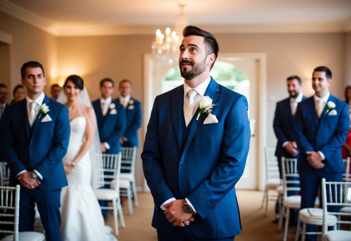A groom stands nervously, waiting to see his bride for the first time on their wedding day. The anticipation and emotion are palpable in the air