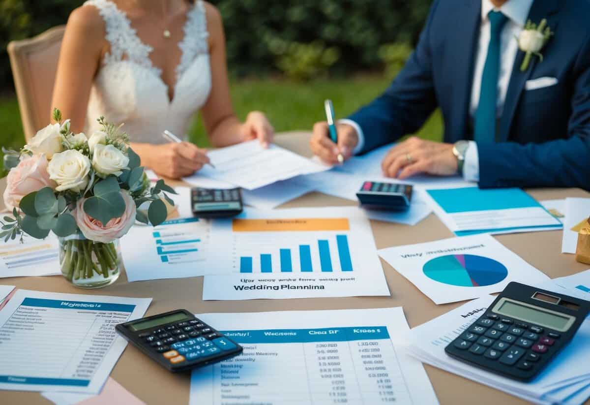 A couple sits at a table covered in wedding planning materials, with papers, calculators, and a budget spreadsheet spread out in front of them