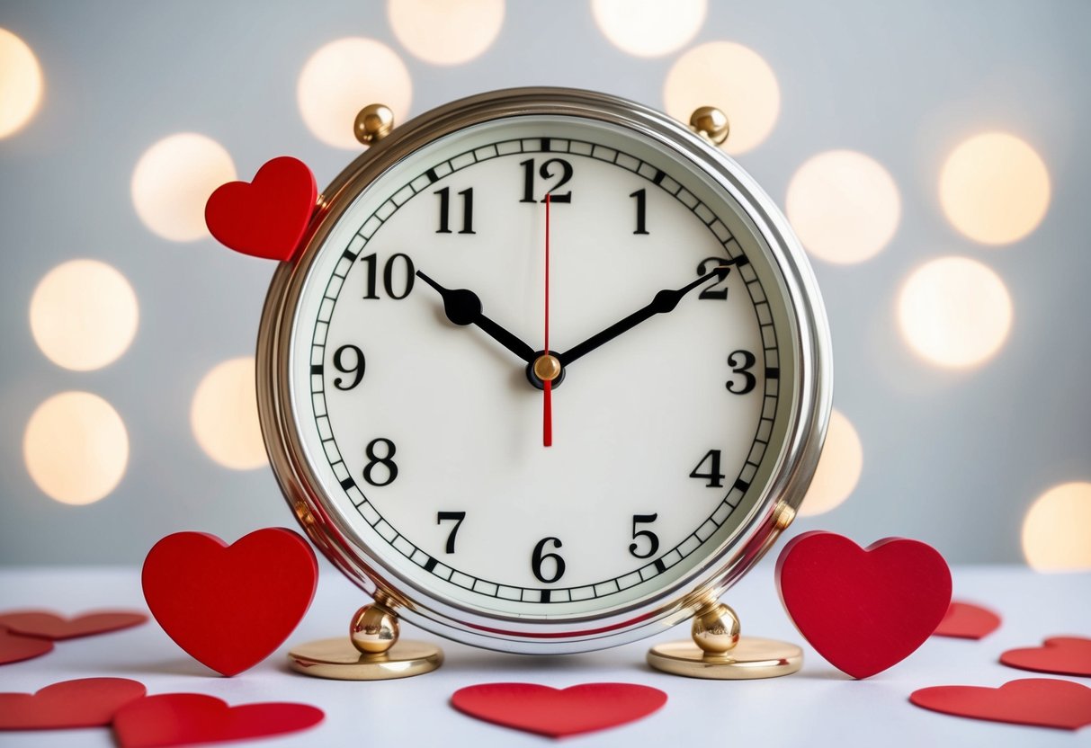 A clock with its hands pointing to the number 3, surrounded by symbols of love and commitment