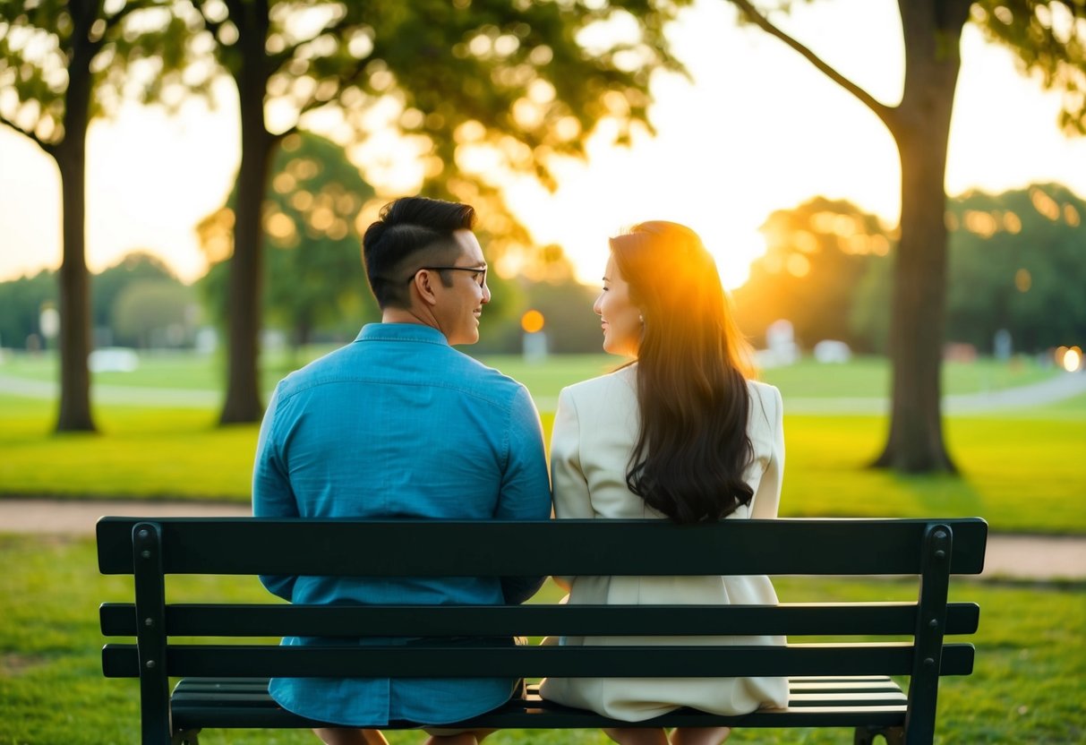 A couple sitting on a park bench, facing each other, with a thoughtful expression. The setting sun casts a warm glow on them, creating a peaceful atmosphere