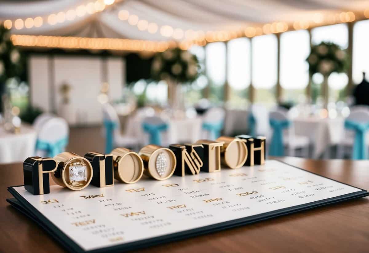 A calendar showing 22 months with engagement ring and wedding venue in the background