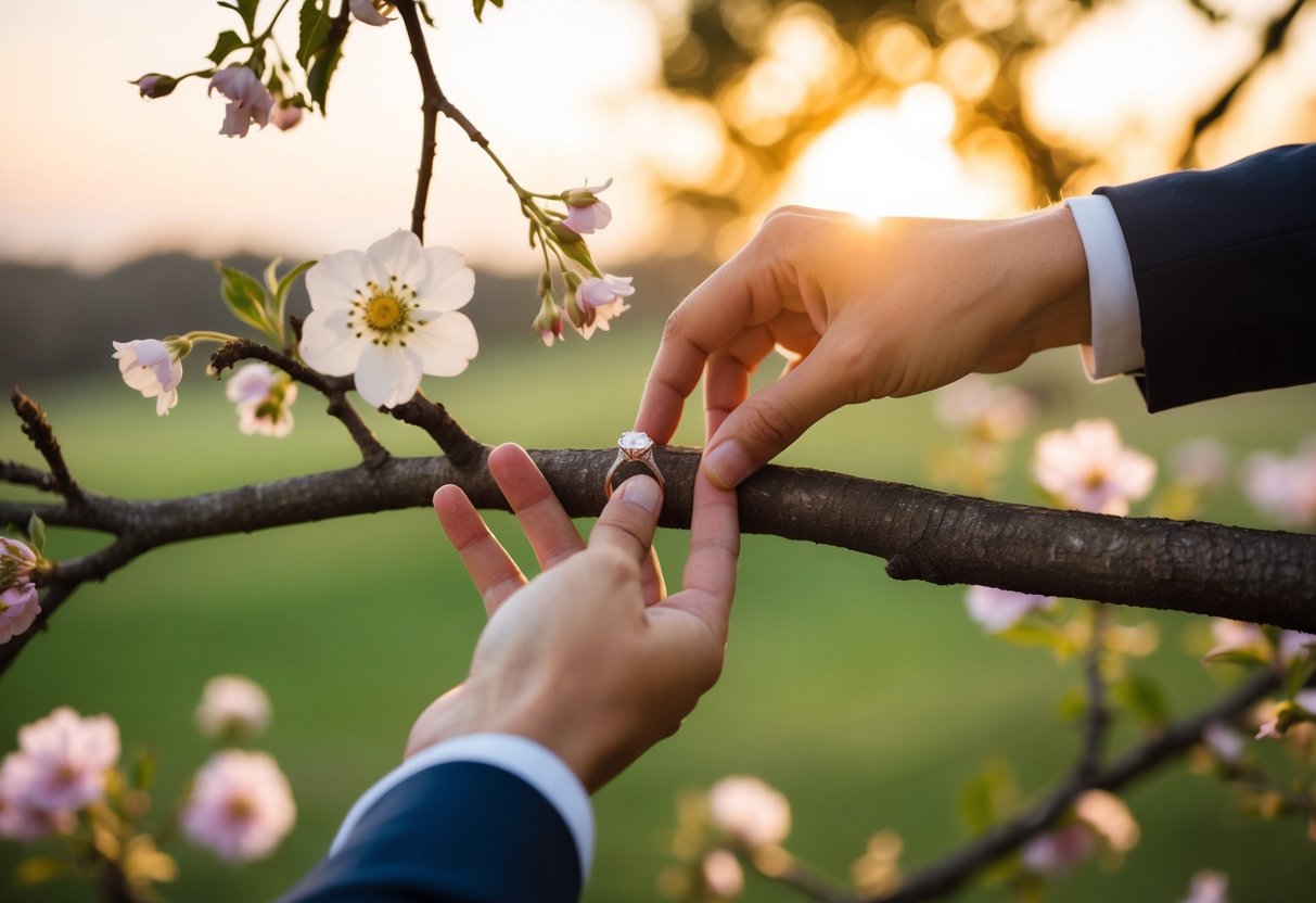 A couple's hands placing a ring on a tree branch, surrounded by blooming flowers and a serene sunset