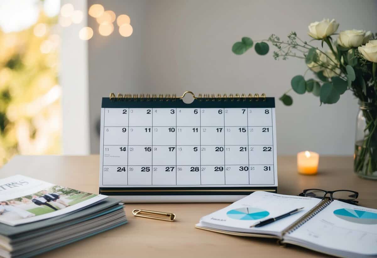 A calendar with 22 months marked, surrounded by wedding magazines and a notebook filled with plans and ideas